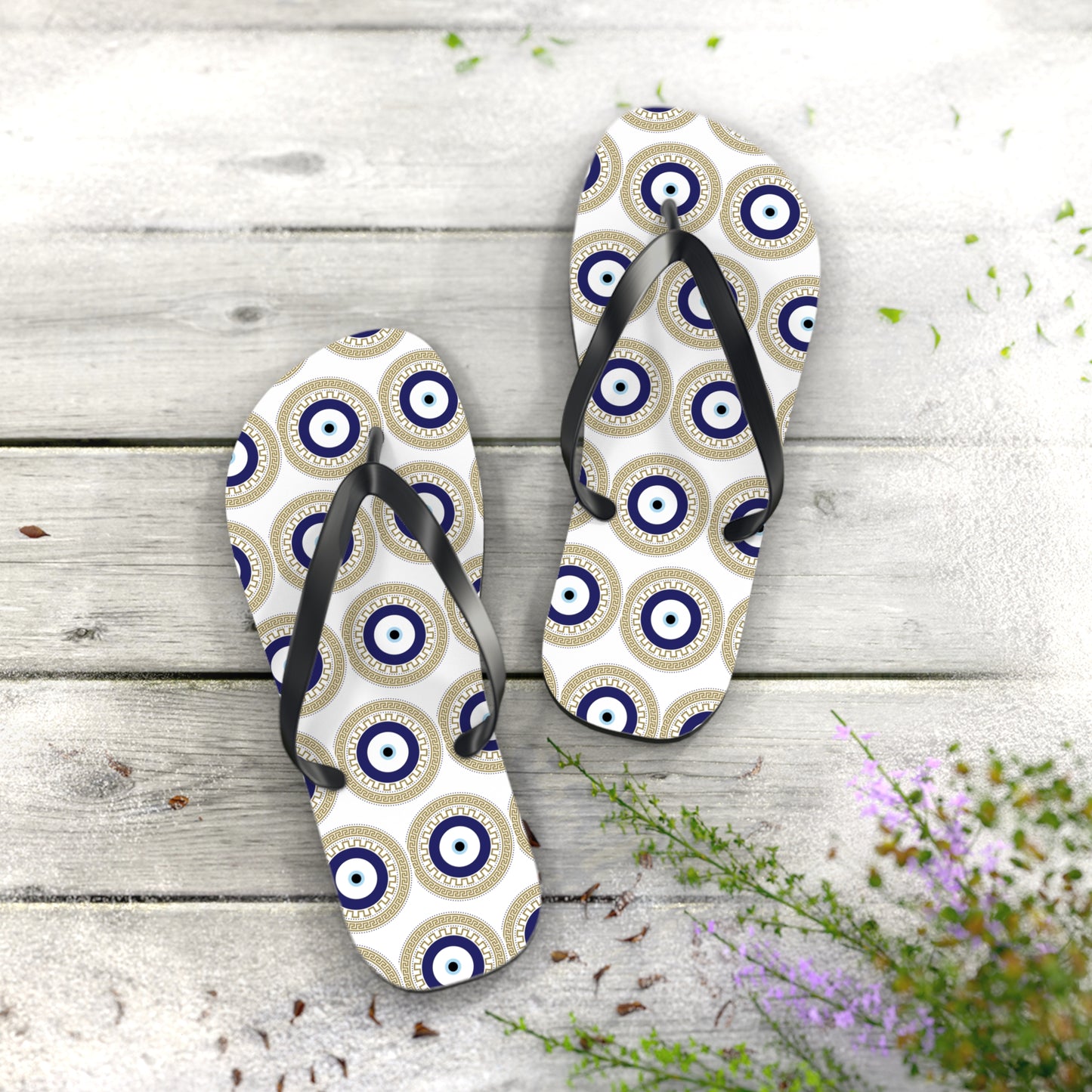 Greek Meander and Evil Eye Flip Flops