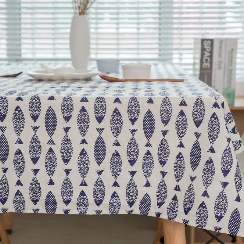 Simple Blue Fish Cotton/Linen Tablecloth
