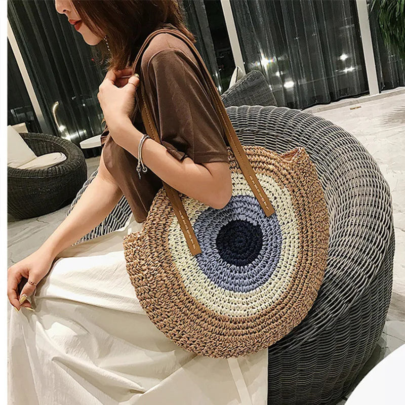 Large Capacity Round Straw Woven Shoulder Bag with Greek Mati