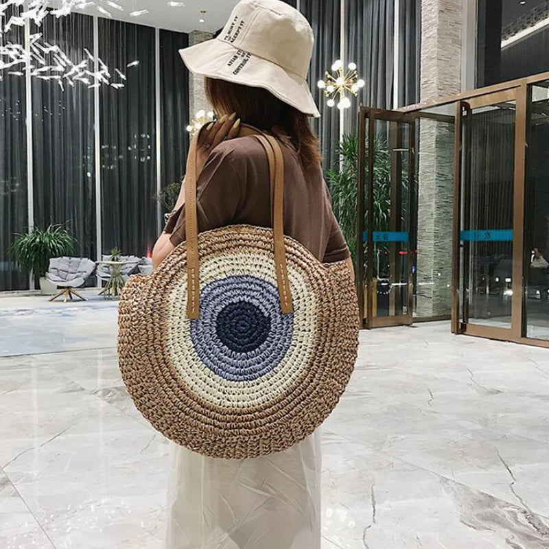 Large Capacity Round Straw Woven Shoulder Bag with Greek Mati