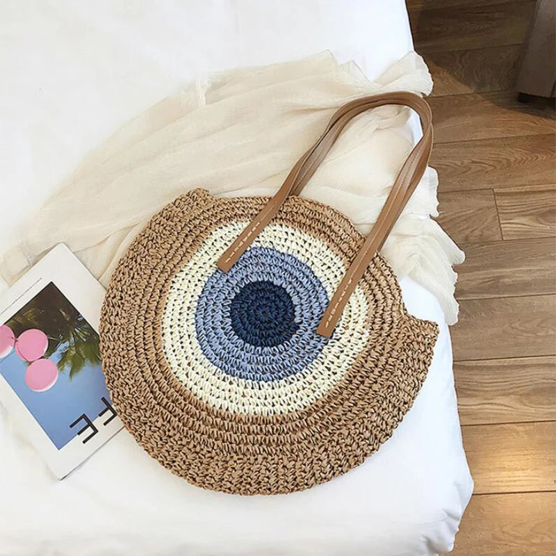 Large Capacity Round Straw Woven Shoulder Bag with Greek Mati