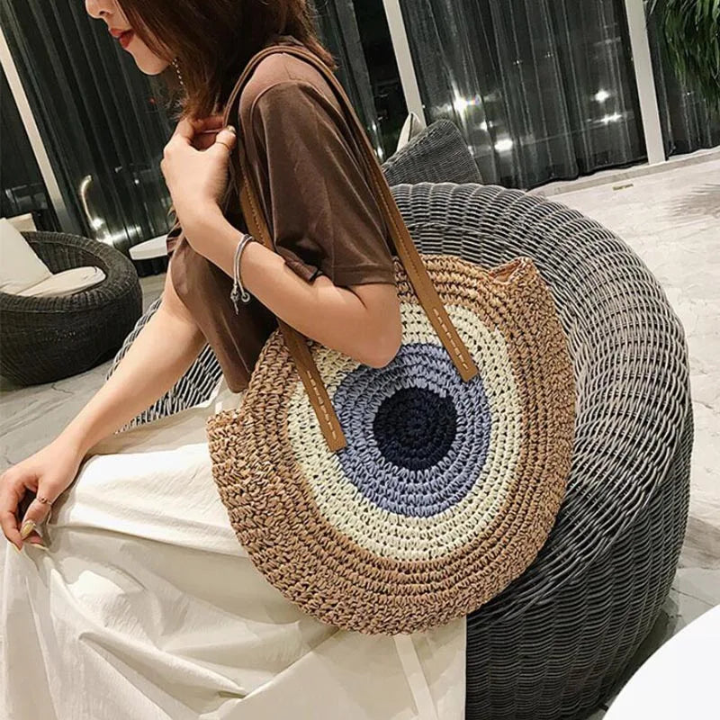 Large Capacity Round Straw Woven Shoulder Bag with Greek Mati