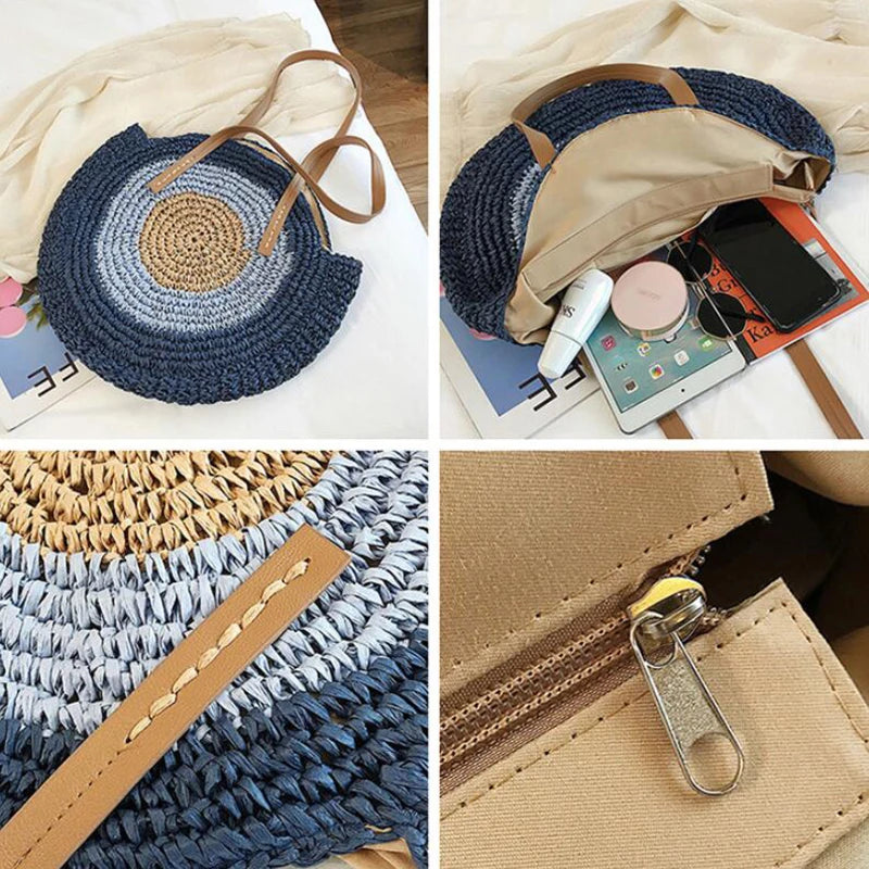 Large Capacity Round Straw Woven Shoulder Bag with Greek Mati