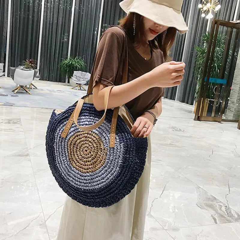 Large Capacity Round Straw Woven Shoulder Bag with Greek Mati