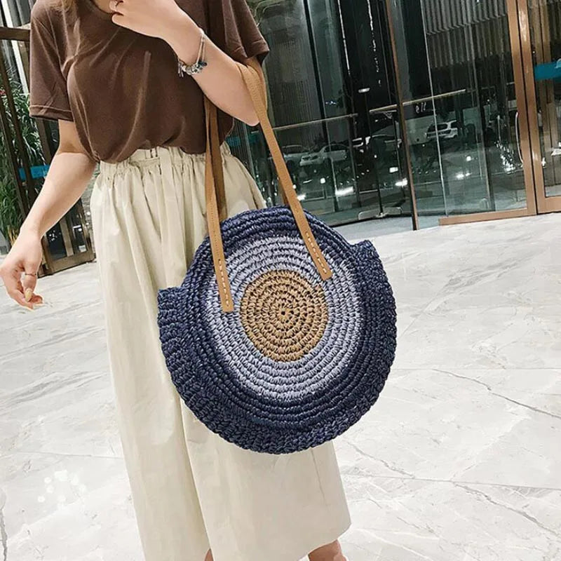 Large Capacity Round Straw Woven Shoulder Bag with Greek Mati