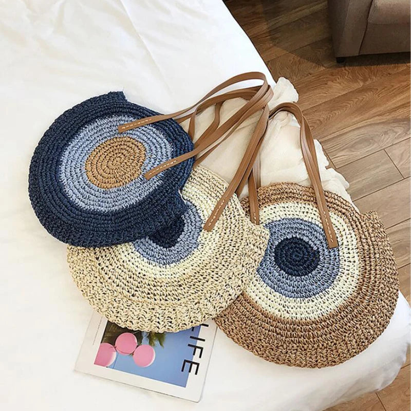 Large Capacity Round Straw Woven Shoulder Bag with Greek Mati