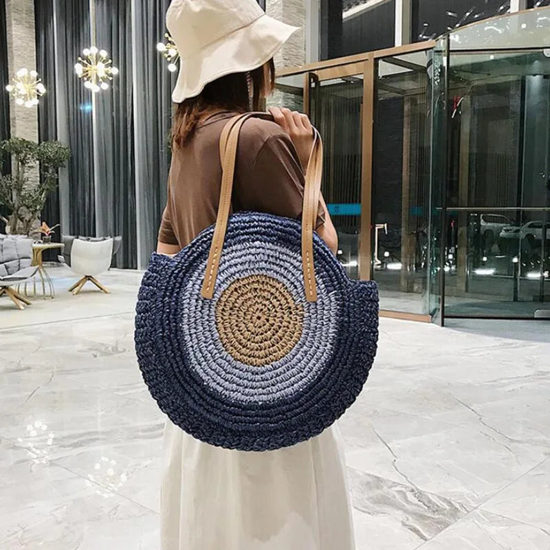 Large Capacity Round Straw Woven Shoulder Bag with Greek Mati