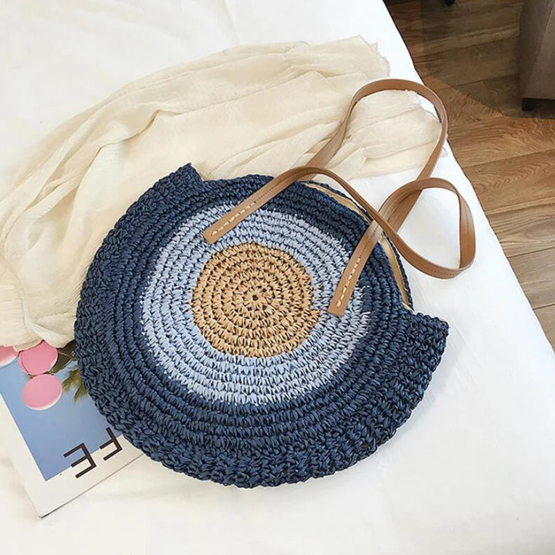 Large Capacity Round Straw Woven Shoulder Bag with Greek Mati