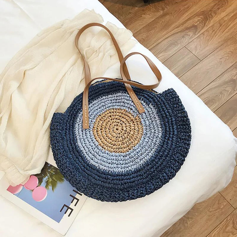 Large Capacity Round Straw Woven Shoulder Bag with Greek Mati