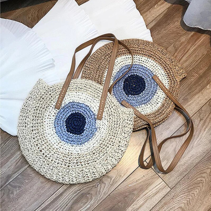 Large Capacity Round Straw Woven Shoulder Bag with Greek Mati