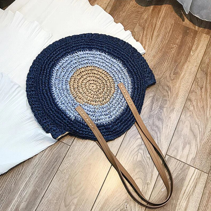 Large Capacity Round Straw Woven Shoulder Bag with Greek Mati