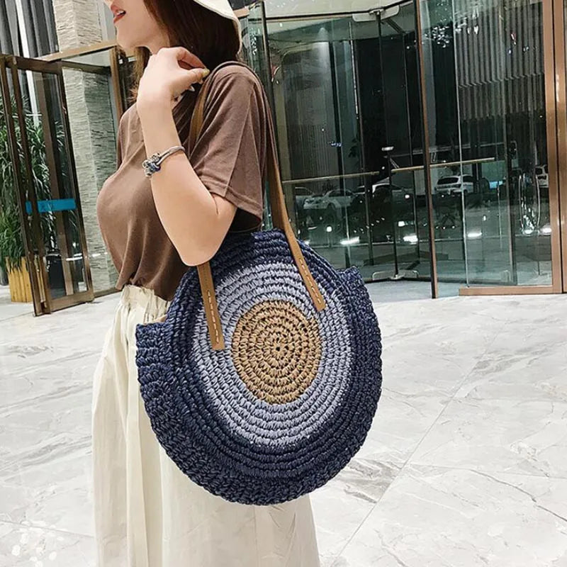 Large Capacity Round Straw Woven Shoulder Bag with Greek Mati