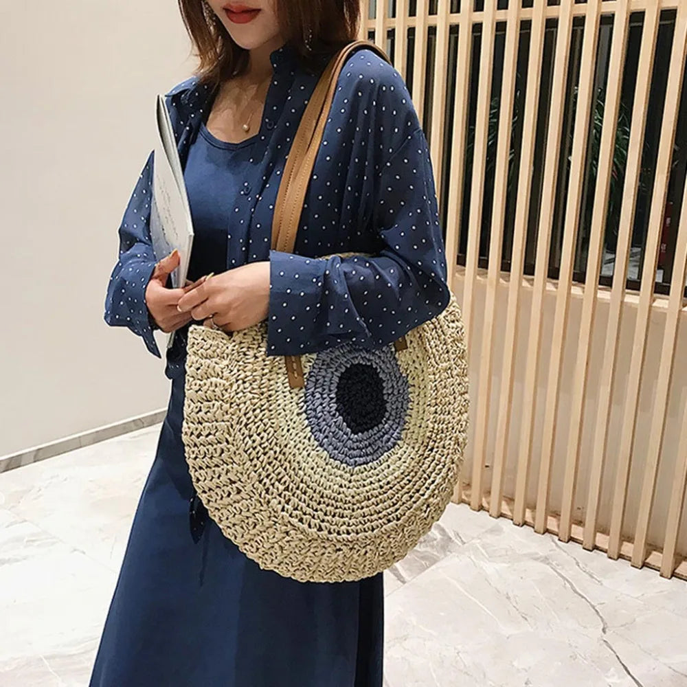 Large Capacity Round Straw Woven Shoulder Bag with Greek Mati