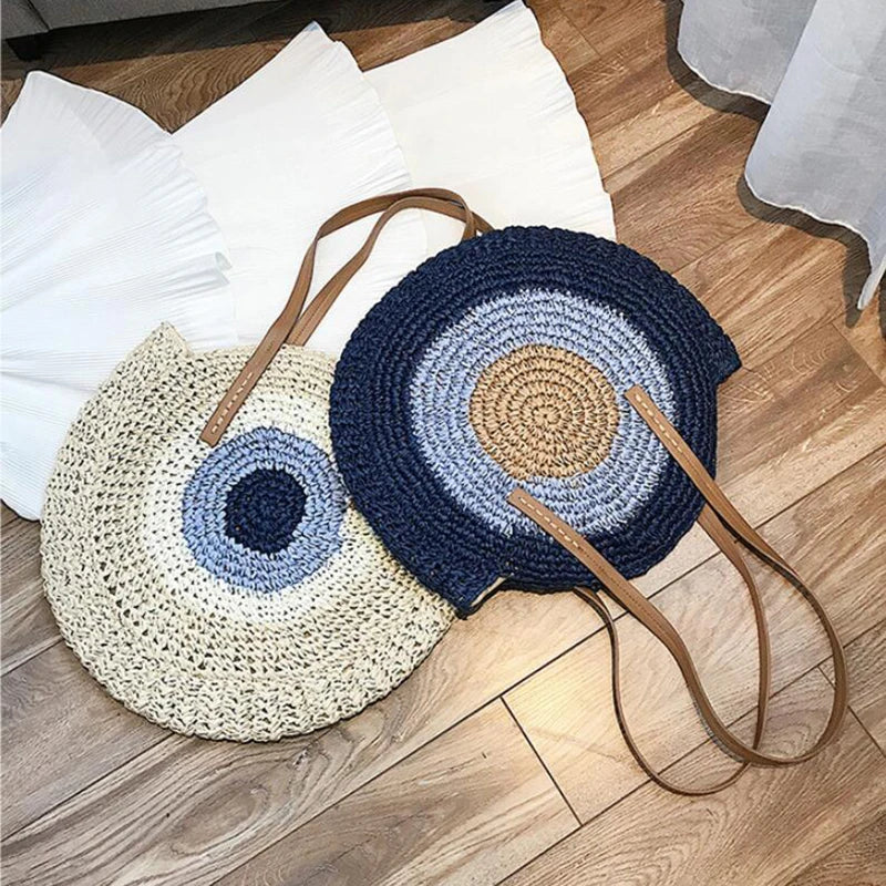 Large Capacity Round Straw Woven Shoulder Bag with Greek Mati