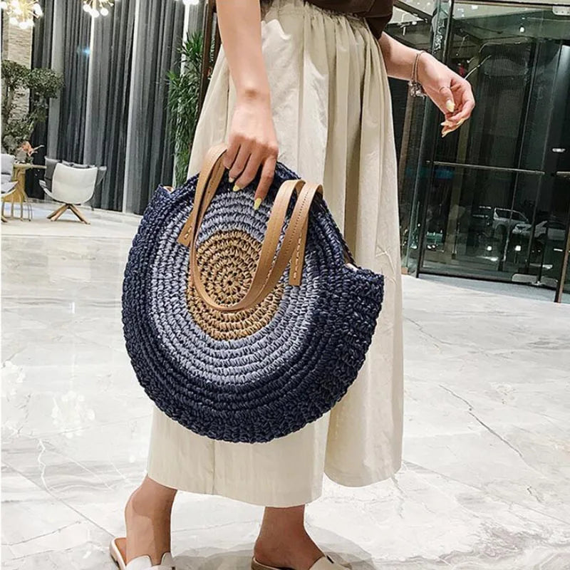 Large Capacity Round Straw Woven Shoulder Bag with Greek Mati