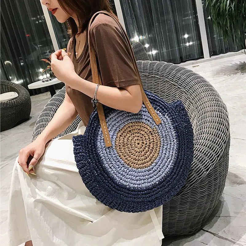 Large Capacity Round Straw Woven Shoulder Bag with Greek Mati