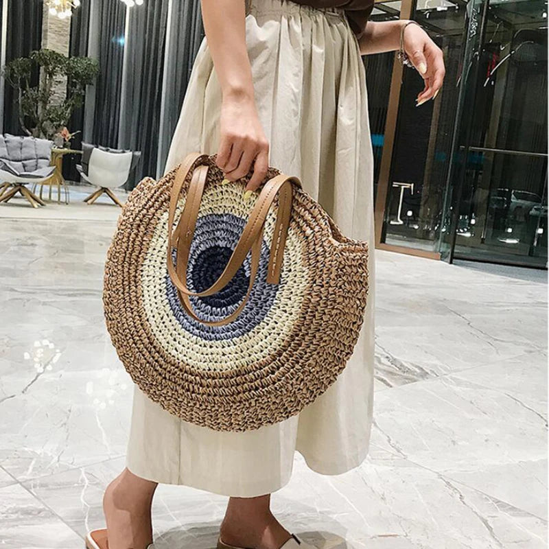 Large Capacity Round Straw Woven Shoulder Bag with Greek Mati