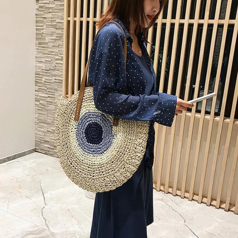 Large Capacity Round Straw Woven Shoulder Bag with Greek Mati