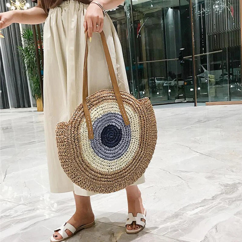 Large Capacity Round Straw Woven Shoulder Bag with Greek Mati