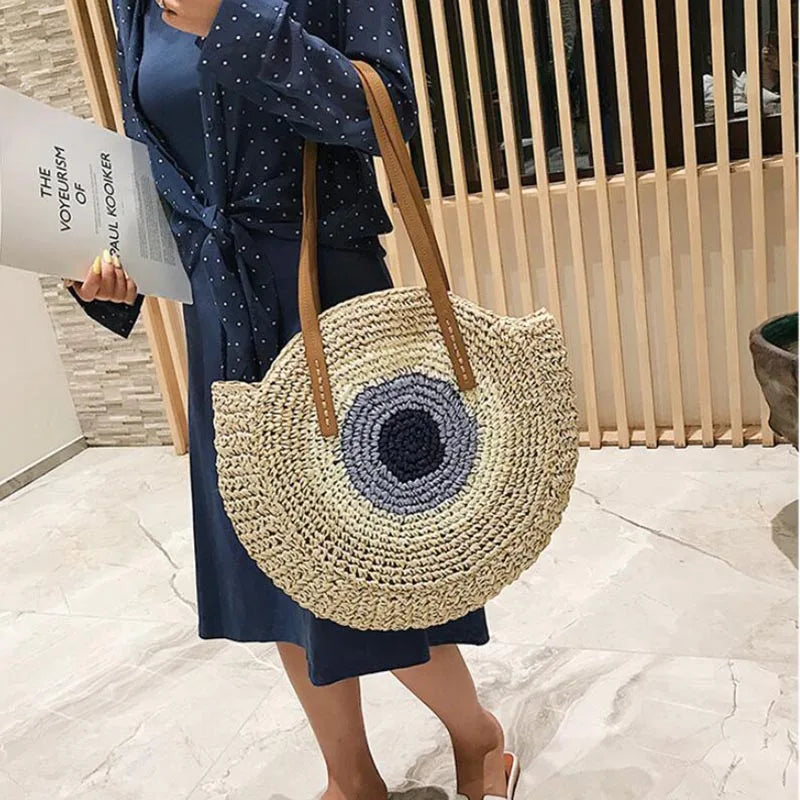 Large Capacity Round Straw Woven Shoulder Bag with Greek Mati