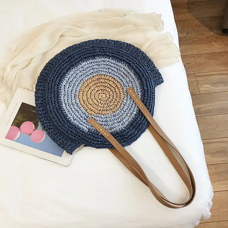 Large Capacity Round Straw Woven Shoulder Bag with Greek Mati