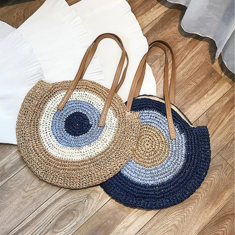 Large Capacity Round Straw Woven Shoulder Bag with Greek Mati