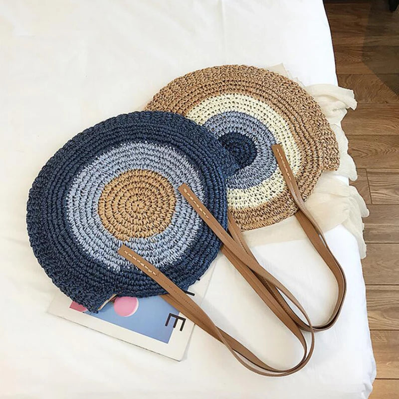 Large Capacity Round Straw Woven Shoulder Bag with Greek Mati