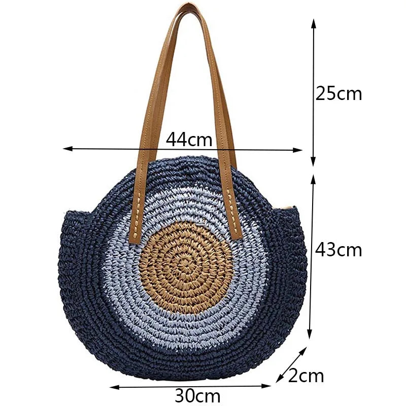 Large Capacity Round Straw Woven Shoulder Bag with Greek Mati