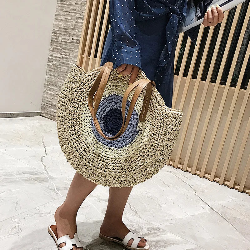 Large Capacity Round Straw Woven Shoulder Bag with Greek Mati