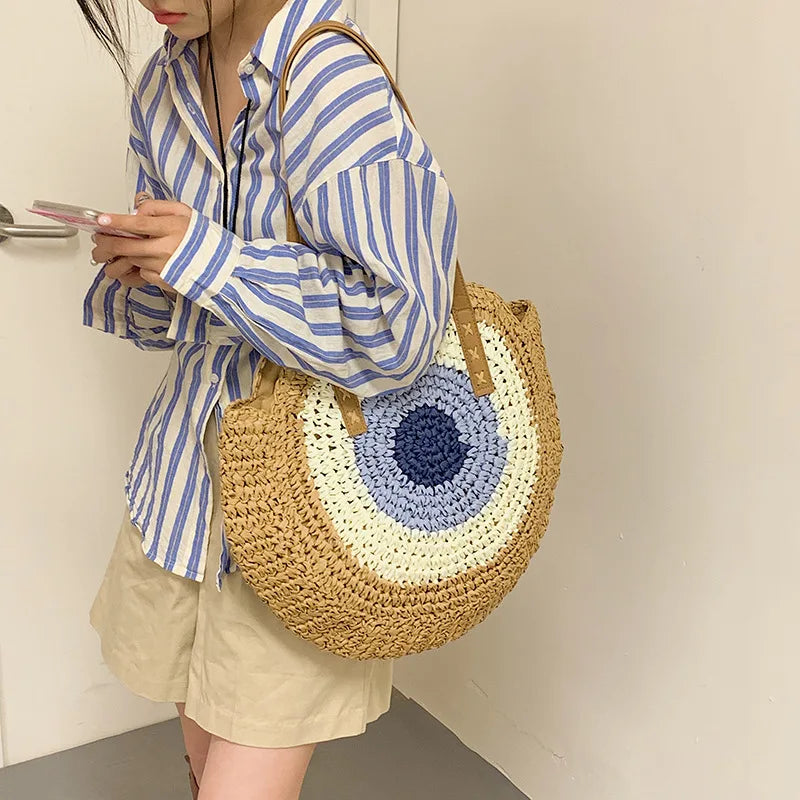 Large Capacity Round Straw Woven Shoulder Bag with Greek Mati