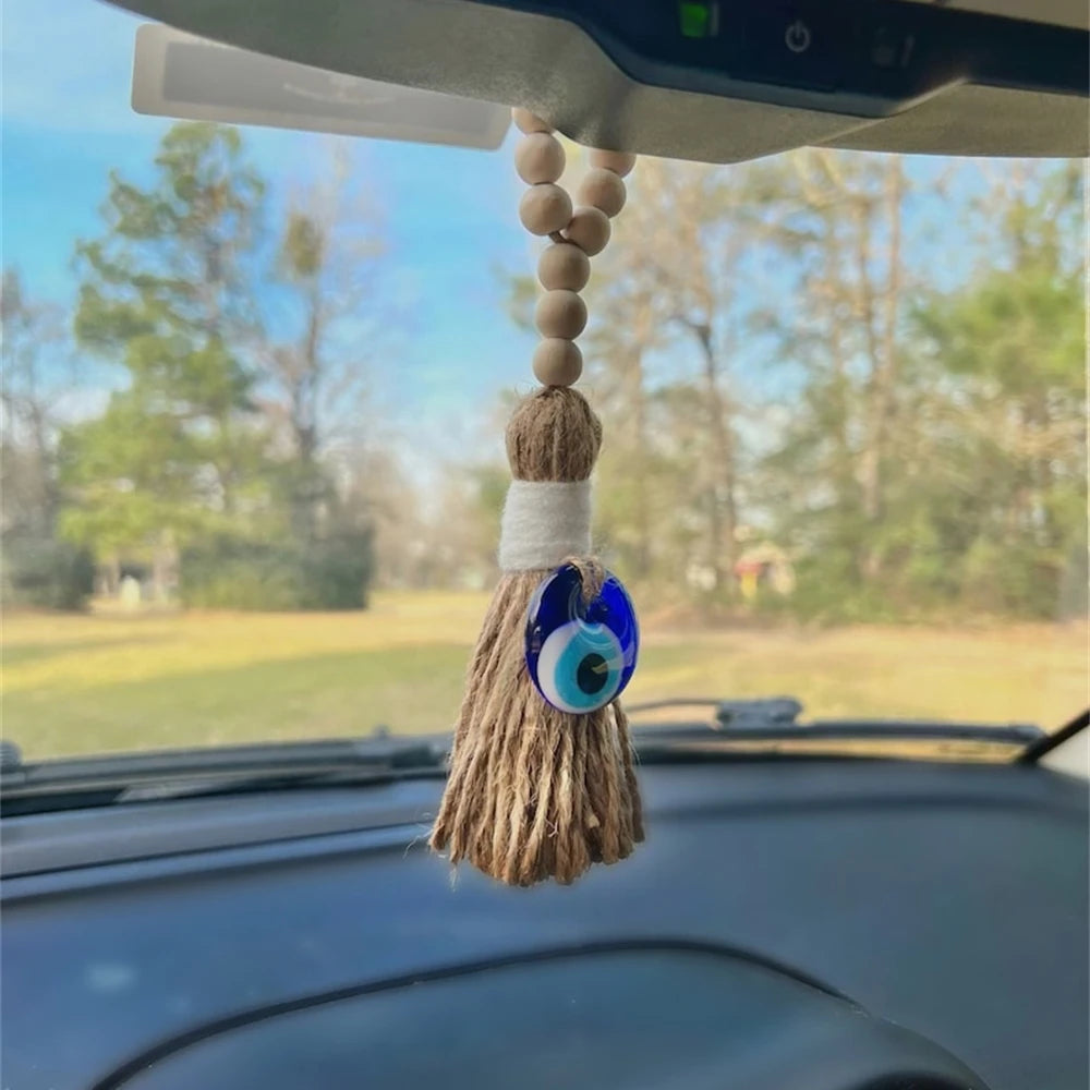 Wooden Guardian Amulet Tassel with Glass Greek Evil Eye (Mati)