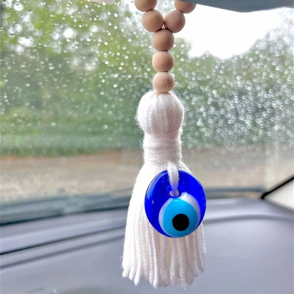 Wooden Guardian Amulet Tassel with Glass Greek Evil Eye (Mati)